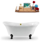  60'' Oval Soaking Tub In White With Black Clawfoot, Included Gold External Drain and FREE Natural Bamboo Wooden Tray, 60''W x 32''D x 26-13/16''H