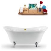  60'' Oval Soaking Tub In White With Chrome Clawfoot, Included Gold External Drain and FREE Natural Bamboo Wooden Tray, 60''W x 32''D x 26-13/16''H