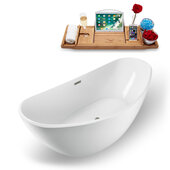  N940 75'' Modern Oval Soaking Freestanding Bathtub, White Exterior, White Interior, Brushed Nickel Internal Drain, with Bamboo Tray