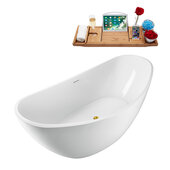  N950 75'' Modern Oval Soaking Freestanding Bathtub, White Exterior, White Interior, Gold Internal Drain, with Bamboo Tray