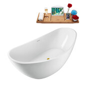  N951 63'' Modern Oval Soaking Freestanding Bathtub, White Exterior, White Interior, Gold Internal Drain, with Bamboo Tray