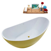  N952 75'' Modern Oval Soaking Freestanding Bathtub, Yellow Exterior, White Interior, Gold Internal Drain, with Bamboo Tray