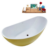  N952 75'' Modern Oval Soaking Freestanding Bathtub, Yellow Exterior, White Interior, Oil Rubbed Bronze Drain, with Bamboo Tray