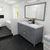  Caroline Avenue 60'' Double Bathroom Vanity Set in Grey, Calacatta Quartz Top with Round Sinks, Polished Chrome Faucets, Mirror Included