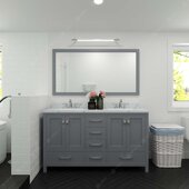  Caroline Avenue 60'' Double Bathroom Vanity Set in Grey, Calacatta Quartz Top with Round Sinks, Mirror Included