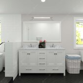  Caroline Avenue 60'' Double Bathroom Vanity Set in White, Calacatta Quartz Top with Round Sinks, Mirror Included