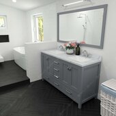  Caroline Avenue 60'' Double Bathroom Vanity Set in Grey, Calacatta Quartz Top with Square Sinks, Brushed Nickel Faucets, Mirror Included