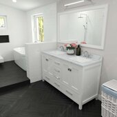  Caroline Avenue 60'' Double Bathroom Vanity Set in White, Calacatta Quartz Top with Square Sinks, Polished Chrome Faucets, Mirror Included