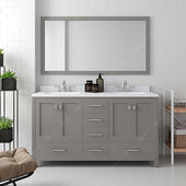  Caroline Avenue 60'' Double Bathroom Vanity Set in Cashmere Grey, Dazzle White Quartz Top with Square Sinks, Polished Chrome Faucets, Mirror Included