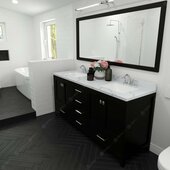  Caroline Avenue 72'' Double Bathroom Vanity Set in Espresso, Calacatta Quartz Top with Square Sinks, Brushed Nickel Faucets, Mirror Included