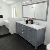  Caroline Avenue 72'' Double Bathroom Vanity Set in Grey, Calacatta Quartz Top with Square Sinks, Brushed Nickel Faucets, Mirror Included