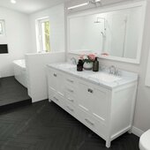 Caroline Avenue 72'' Double Bathroom Vanity Set in White, Calacatta Quartz Top with Square Sinks, Polished Chrome Faucets, Mirror Included