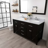  Caroline 60'' Double Bathroom Vanity Set in Espresso, Calacatta Quartz Top with Round Sinks, Brushed Nickel Faucets, Mirror Included