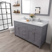  Caroline 60'' Double Bathroom Vanity Set in Grey, Calacatta Quartz Top with Round Sinks, Polished Chrome Faucets, Mirror Included