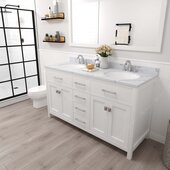  Caroline 60'' Double Bathroom Vanity Set in White, Calacatta Quartz Top with Round Sinks, Brushed Nickel Faucets, Mirror Included