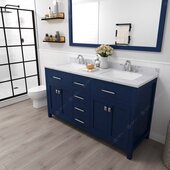  Caroline 60'' Double Bathroom Vanity Set in French Blue, Calacatta Quartz Top with Square Sinks, Polished Chrome Faucets, Mirror Included