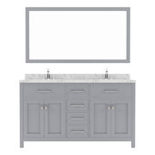  Caroline 60'' Double Bathroom Vanity Set in Grey, Cultured Marble Quartz Top with Square Sinks, Brushed Nickel Faucets, Mirror Included