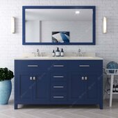  Caroline 60'' Double Bathroom Vanity Set in French Blue, Dazzle White Quartz Top with Round Sinks, Brushed Nickel Faucets, Mirror Included