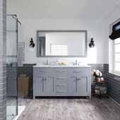  Caroline 60'' Double Bathroom Vanity Set in Grey, Dazzle White Quartz Top with Round Sinks, Polished Chrome Faucets, Mirror Included