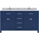  Caroline 60'' Double Bathroom Vanity Set in French Blue, Italian Carrara White Marble Top with Round Sinks