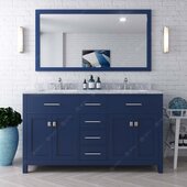  Caroline 60'' Double Bathroom Vanity Set in French Blue, Italian Carrara White Marble Top with Round Sinks, Brushed Nickel Faucets, Mirror Included