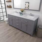  Caroline 72'' Double Bathroom Vanity Set in Grey, Calacatta Quartz Top with Square Sinks, Polished Chrome Faucets, Mirror Included