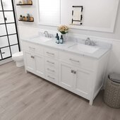  Caroline 72'' Double Bathroom Vanity Set in White, Calacatta Quartz Top with Square Sinks, Brushed Nickel Faucets, Mirror Included