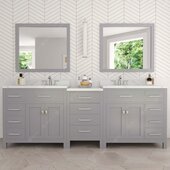  Caroline Parkway 93'' Double Bathroom Vanity Set with 2 Main Cabinets & Middle Cabinet in Grey, Calacatta Quartz Top with Round Sinks, Polished Chrome Faucets, Mirror Included