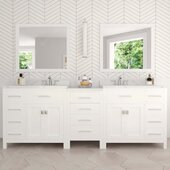  Caroline Parkway 93'' Double Bathroom Vanity Set with 2 Main Cabinets & Middle Cabinet in White, Calacatta Quartz Top with Round Sinks, Polished Chrome Faucets, Mirror Included