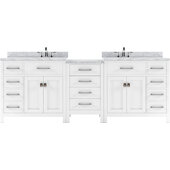  Caroline Parkway 93'' Double Bathroom Vanity Set with 2 Main Cabinets & Middle Cabinet in White, Italian Carrara White Marble Top with Round Sinks