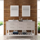  Caroline Estate 60'' Double Bathroom Vanity Set in White, Calacatta Quartz Top with Round Sinks, Polished Chrome Faucets, Double Mirrors Included
