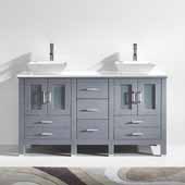  Bradford 60'' Double Bathroom Vanity Set in Grey, White Engineered Stone Top with Square Vessel Sinks, Polished Chrome Faucets