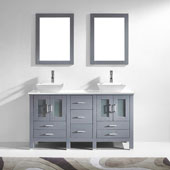  Bradford 60'' Double Bathroom Vanity Set in Grey, White Engineered Stone Top with Square Vessel Sinks, Brushed Nickel Faucets, (2) Mirrors Included
