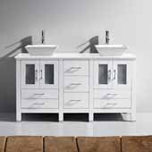  Bradford 60'' Double Bathroom Vanity Set in White, White Engineered Stone Top with Square Vessel Sinks, Polished Chrome Faucets
