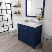  Caroline 36'' Single Bathroom Vanity Set in French Blue, Calacatta Quartz Top with Round Sink, Brushed Nickel Faucet, Mirror Included