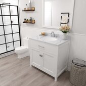  Caroline 36'' Single Bathroom Vanity Set in White, Calacatta Quartz Top with Round Sink, Brushed Nickel Faucet, Mirror Included