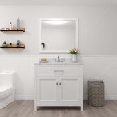  Caroline 36'' Single Bathroom Vanity Set in White, Calacatta Quartz Top with Round Sink, Mirror Included