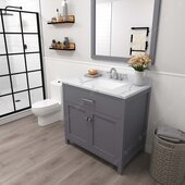  Caroline 36'' Single Bathroom Vanity Set in Grey, Calacatta Quartz Top with Square Sink, Brushed Nickel Faucet, Mirror Included