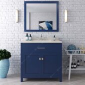  Caroline 36'' Single Bathroom Vanity Set in French Blue, Dazzle White Quartz Top with Square Sink, Brushed Nickel Faucets, Mirror Included