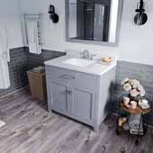  Caroline 36'' Single Bathroom Vanity Set in Grey, Dazzle White Quartz Top with Square Sink, Polished Chrome Faucets, Mirror Included