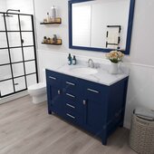  Caroline 48'' Single Bathroom Vanity Set in French Blue, Calacatta Quartz Top with Round Sink, Brushed Nickel Faucet, Mirror Included