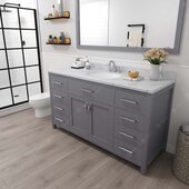  Caroline 60'' Single Bathroom Vanity Set in Grey, Calacatta Quartz Top with Round Sink, Brushed Nickel Faucet, Mirror Included