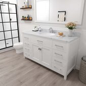  Caroline 60'' Single Bathroom Vanity Set in White, Calacatta Quartz Top with Round Sink, Brushed Nickel Faucet, Mirror Included