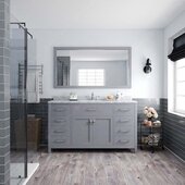 Caroline 60'' Single Bathroom Vanity Set in Grey, Italian Carrara White Marble Top with Round Sink, Polished Chrome Faucets, Mirror Included