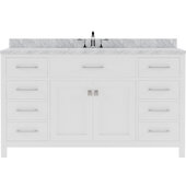  Caroline 60'' Single Bathroom Vanity Set in White, Italian Carrara White Marble Top with Round Sink