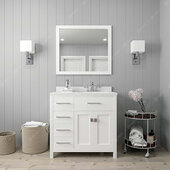  Caroline Parkway 36'' Single Bathroom Vanity Set with Left Side Drawers in White, Dazzle White Quartz Top with Round Sink, Brushed Nickel Faucet, Mirror Included