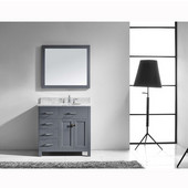  Caroline Parkway 36'' Single Bathroom Vanity Set with Left Side Drawers in Grey, Italian Carrara White Marble Top with Round Sink, Available with Optional Faucet, Mirror Included
