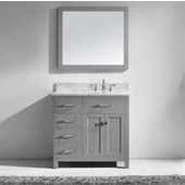  Caroline Parkway 36'' Single Bathroom Vanity Set with Left Side Drawers in Cashmere Grey, Italian Carrara White Marble Top with Square Sink, Polished Chrome Faucet, Mirror Included