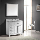  Caroline Parkway 36'' Single Bathroom Vanity Set with Left Side Drawers in White, Italian Carrara White Marble Top with Square Sink, Brushed Nickel Faucet, Mirror Included
