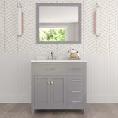  Caroline Parkway 36'' Single Bathroom Vanity Set with Right Side Drawers in Grey, Calacatta Quartz Top with Round Sink, Brushed Nickel Faucet, Mirror Included